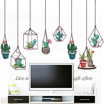 Falling Green Plants Pots Wall Decal, Unique Natural Hanging Potted Plants Wall Stickers, Cactus Bontany Living Room Wall Decors Murals
