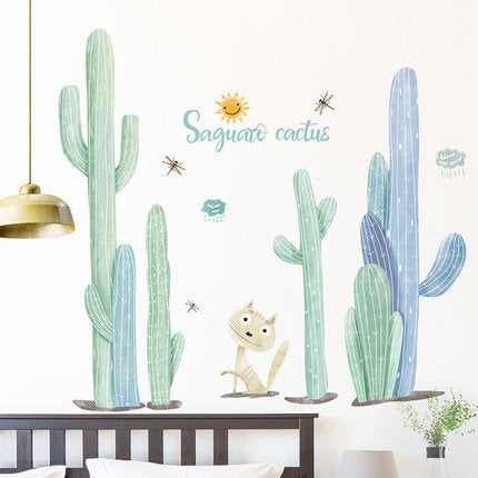 Cute Kitty Cat With Cactus Wall Sticker Green And Blue Plant Natural Wall Decal,natural Botany Living Room Wall Decor ,greenery Peel Stick