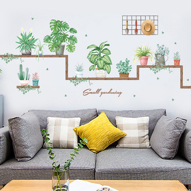 Fresh Green Plant Pots Wall Decal, Natural Pots Botany Wall Stickers, Living Room Wall Decor ,creative Greenery Leaf Murals