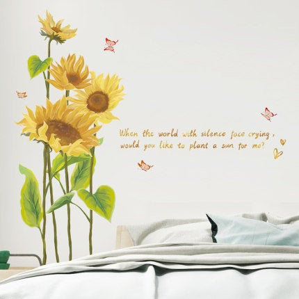 Blowing Sunflower With Butterfly Wall Stickers, Leaf Plants Wall Decal, Yellow Floral With Quotes Wall Mural, Living Room Home Decor Girls