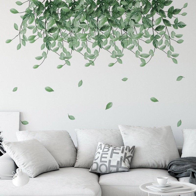 Tropical Green Hanging Leaf Vine Branch Wall Sticker, Dropping Falling Leaves Living Room Wall Decor,peel And Stick Greenery Wall Decal