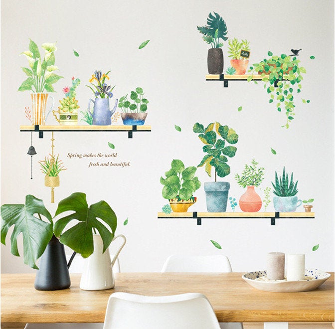 Spring Fresh Green Pot Planting Wall Decal, Natural Shelving Botany Wall Stickers, Living Room Wall Decor ,creative Greenery Leaf Murals