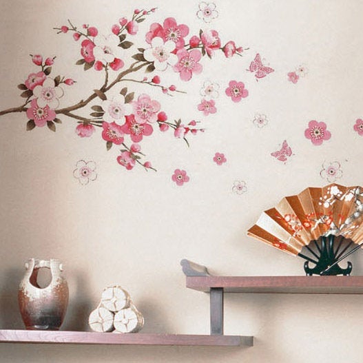 Pink Peach Blossom Tree Flower Wall Sticker Japanese Style Floral Wall Decal, Natural Botany Living Room Wall Decor , Peel Stick