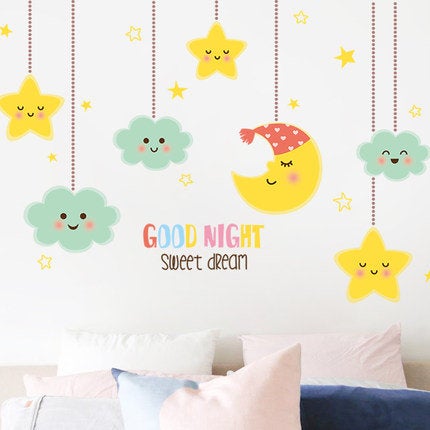 Cute Moon And Stars Wall Decal, Kids Adorable Good Night Quotes Wall Stickers, Baby Bedroom Homedecors,creative Girls Room Murals