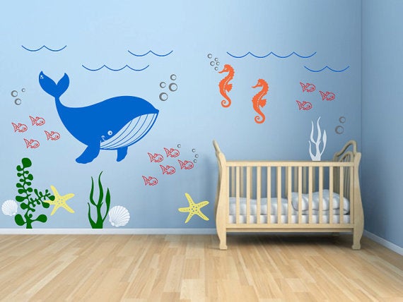Baby Nursery Decal -underwater Seaweed Fish Sea Star Seashell Whale Seahorse Animal Stickers - Home Decor - Kids Wall Art Mural Hk14
