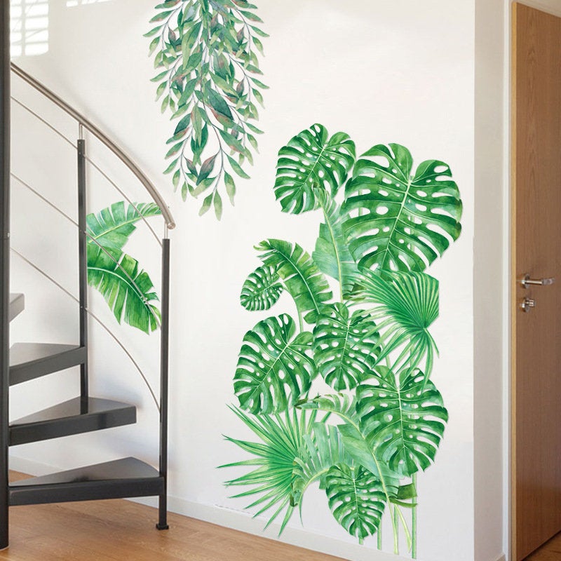 Tropical Green Monstera Leaf Wall Sticker With Hanging Leaves,greenery Natural Botany Mural, Living Room Wall Decor ,peel Stick Plant Decal