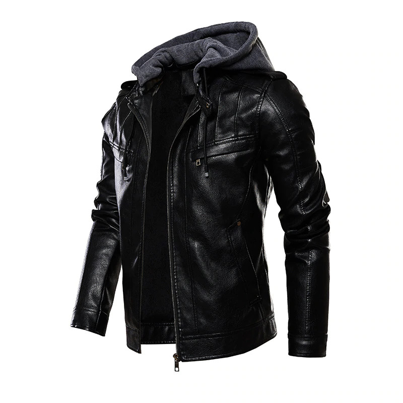 Vintage Motorcycle Jacket Mens Outdoor Casual Pu Leather Jacket Man Winter Coat Hooded Collar Club Bomber A020