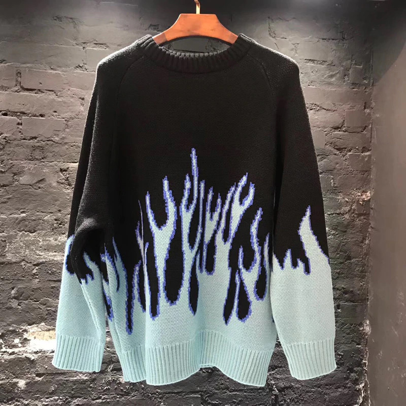 Streetwear Retro Flame Pattern Hip Hop Autumn Pull Over Spandex O-neck Oversize Couple A028