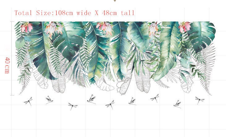 Tropical Green Leaf And Pink Flower Wall Decal, Unique Natural Plants Wall Stickers, Living Room ...